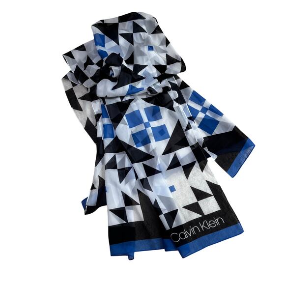 Calvin Klein sheer black white royal blue scarf geometric design wrap shawl - Picture 4 of 6